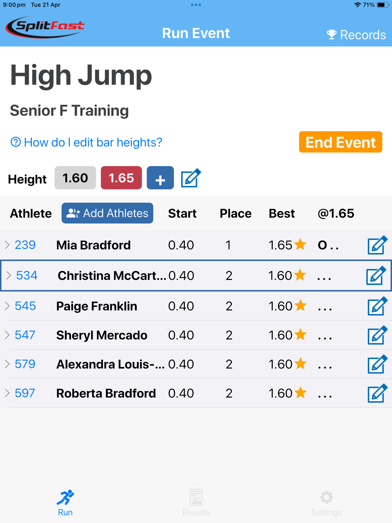 SplitFast Field Events App live High Jump event showing 6 athletes, bar heights 1.60m and 1.65m, live rankings and result entry buttons